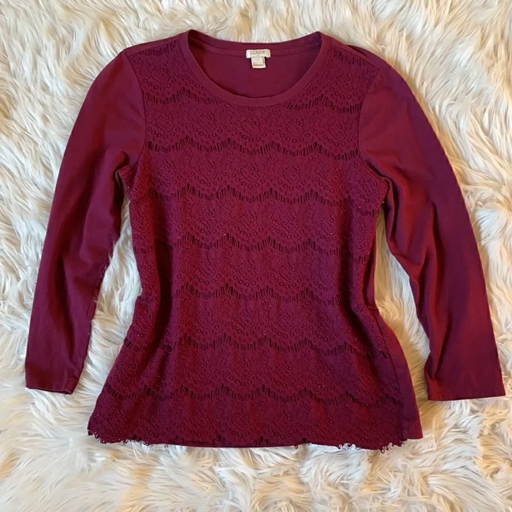 J. Crew Burgundy Crew Neck Pullover Lightweight Lace Top (Size: Small)